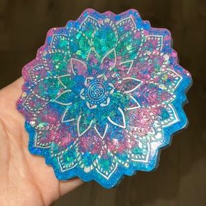 Hand Painted Multicolor Mandala Four Piece Resin Coaster Set